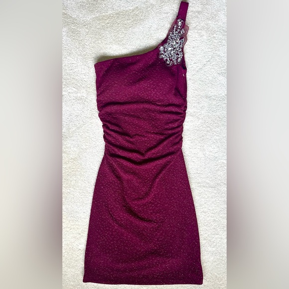 Emerald Sundae Dresses & Skirts - Shimmering Eggplant Purple One Shoulder Embellished Cocktail Dress NWOT